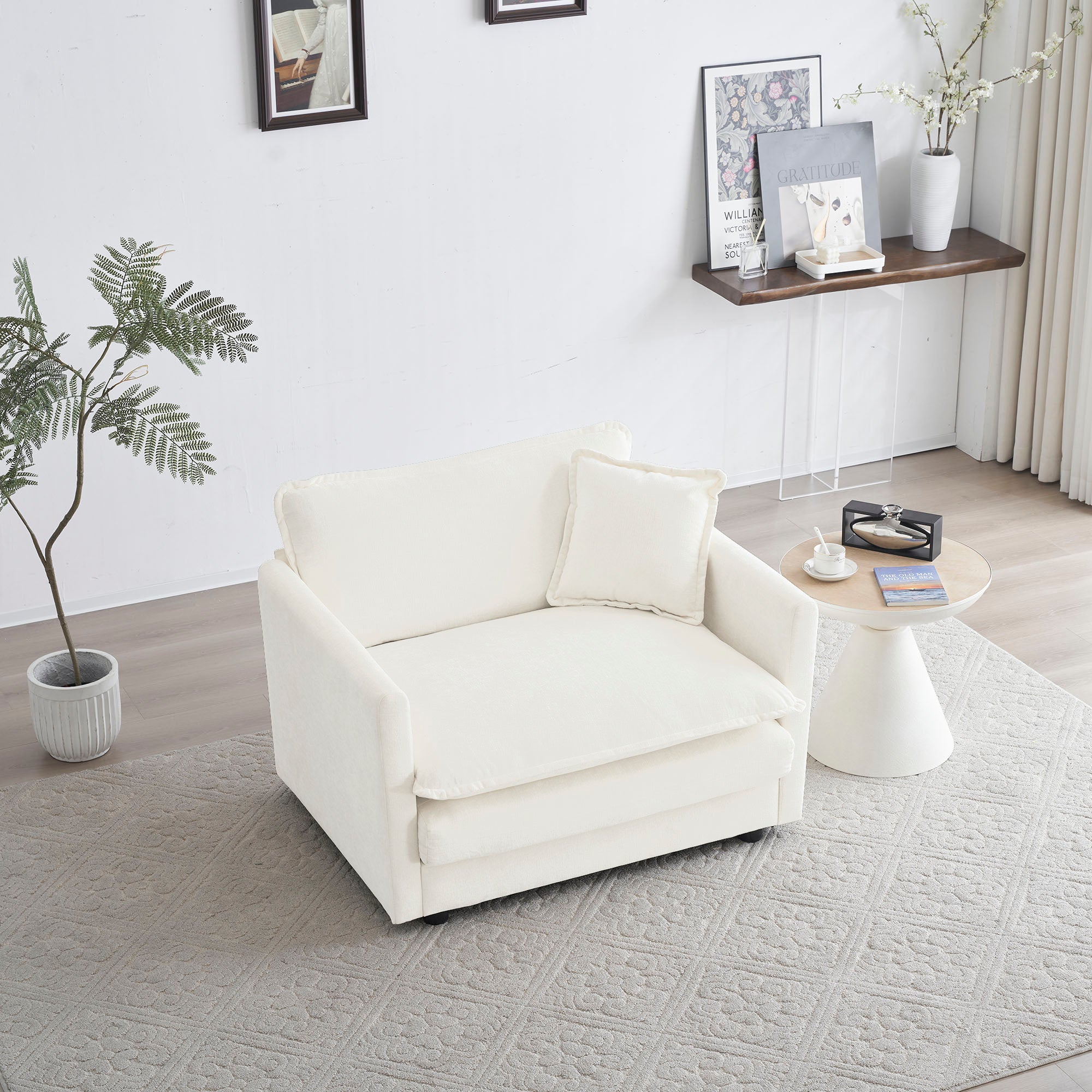 Sofá cómodo y profundo de un asiento, sillón de lectura tapizado, silla de sala de estar de tela chenilla blanca, 1 cojín decorativo
