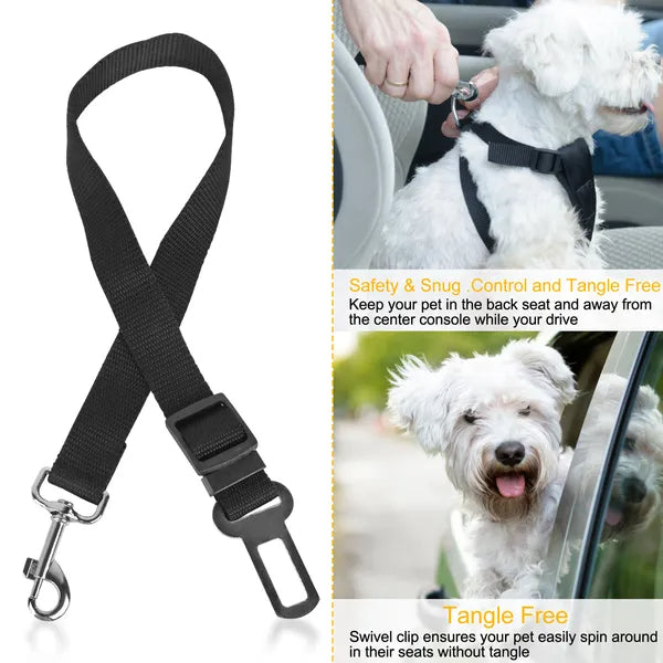 Pet dog seat belt leash with swivel clip and adjustable black harness strap