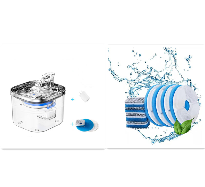 Automatic pet water fountain plus replacement foam and filter cartridge set