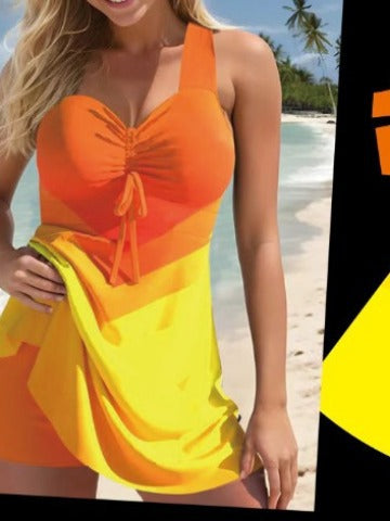 Women’s plus-size quick-dry swim skirt swimsuit in orange to yellow gradient with ruched bust
