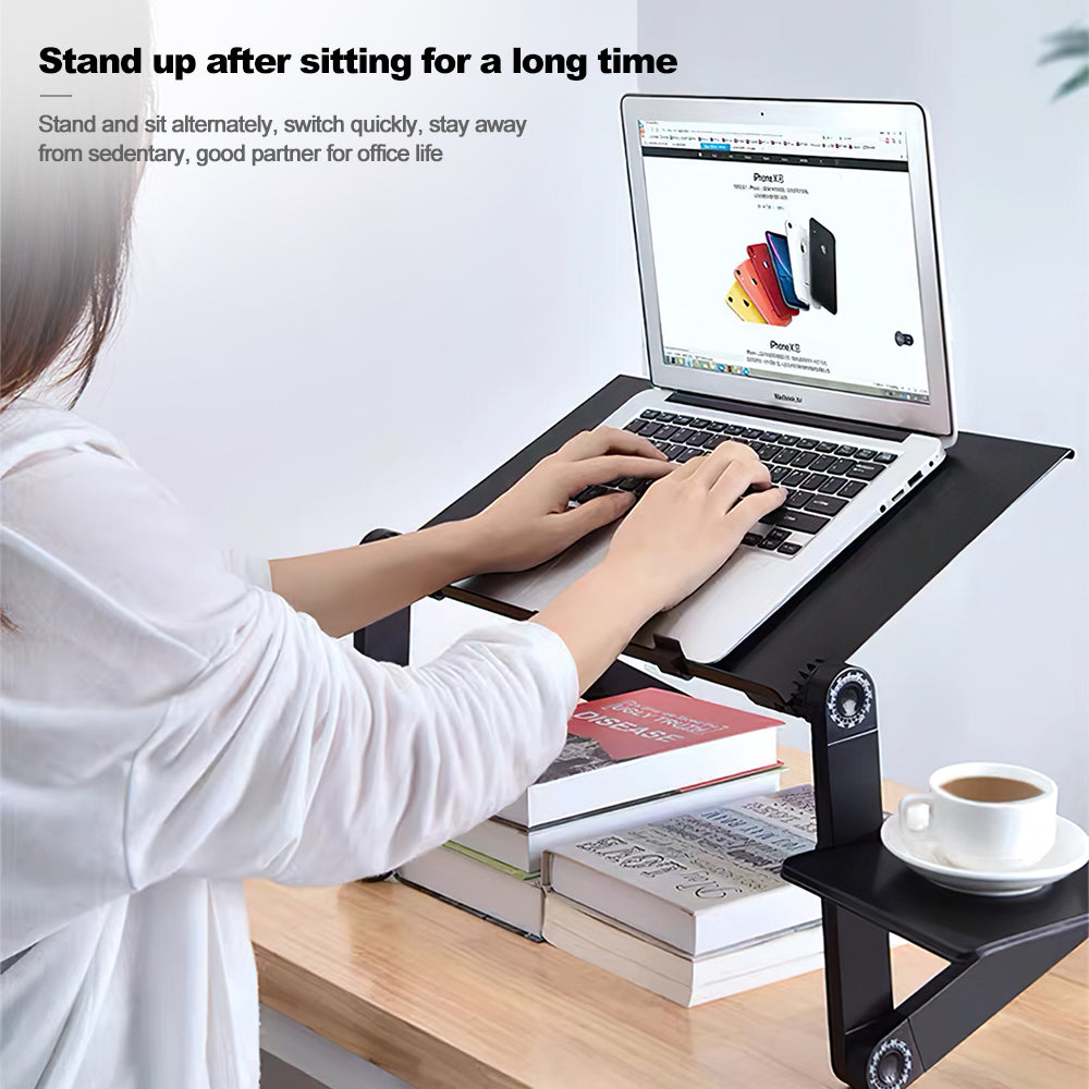 Adjustable bed study laptop desk with black tabletop and foldable support legs