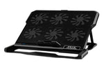 Laptop cooling stand in black with embossed fan pattern and angled support legs