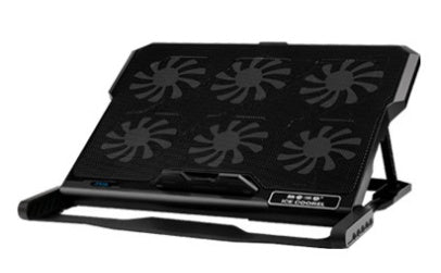 Laptop cooling stand in black with embossed fan pattern and angled support legs