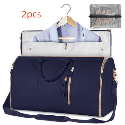 2-piece waterproof duffel set, navy and white bags with tan straps and tassel zipper pulls