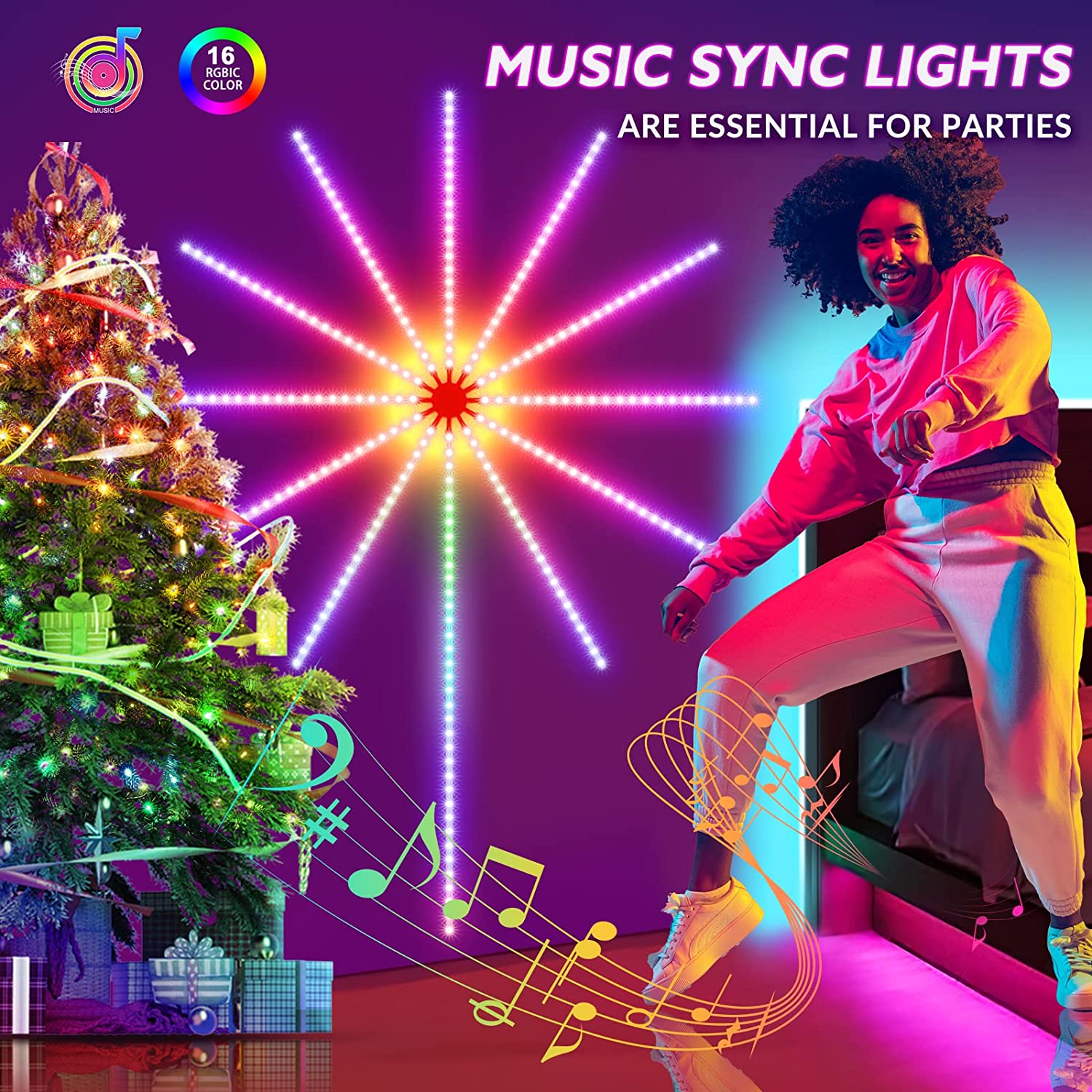 Luces de fuegos artificiales Tira de LED Sincronización de sonido y música Luces de fuegos artificiales LED que cambian de color con control remoto para fiestas y habitaciones
