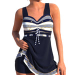 Plus size quick-dry split skirt bikini swimsuit, navy striped bust with bow tie and black skirt