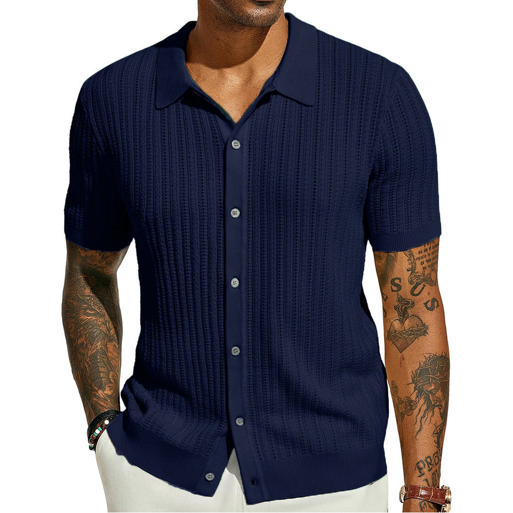 Dark blue knitted polo shirt with point collar, short sleeves, button placket