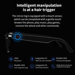 Black smart glasses temple with touch sensor area and control icons, side profile