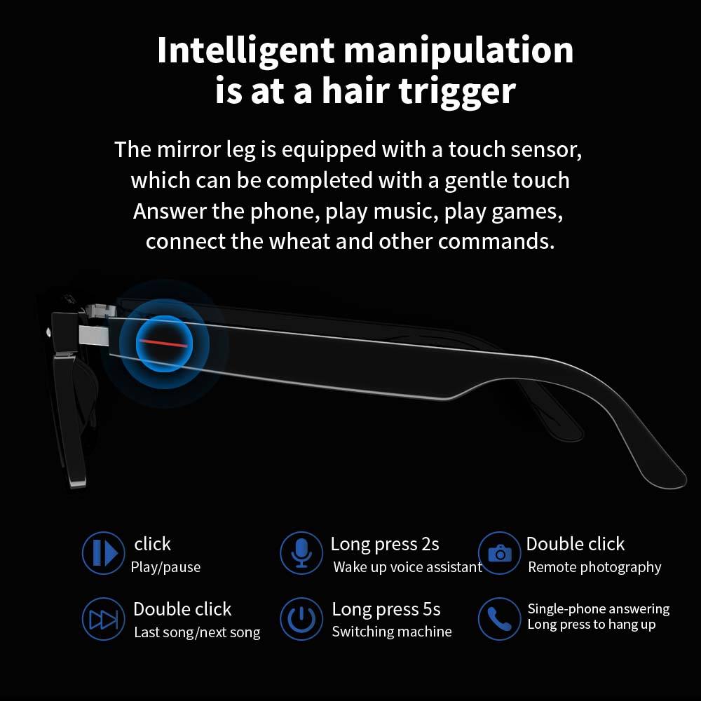 Black smart glasses temple with touch sensor area and control icons, side profile