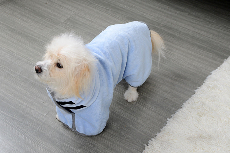 Blue microfiber pet bathrobe with hood, dog standing on floor