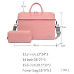 Pink PU laptop briefcase with zip pouch, front zipper, crossbody straps.