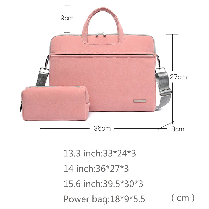 Pink PU laptop briefcase with zip pouch, front zipper, crossbody straps.