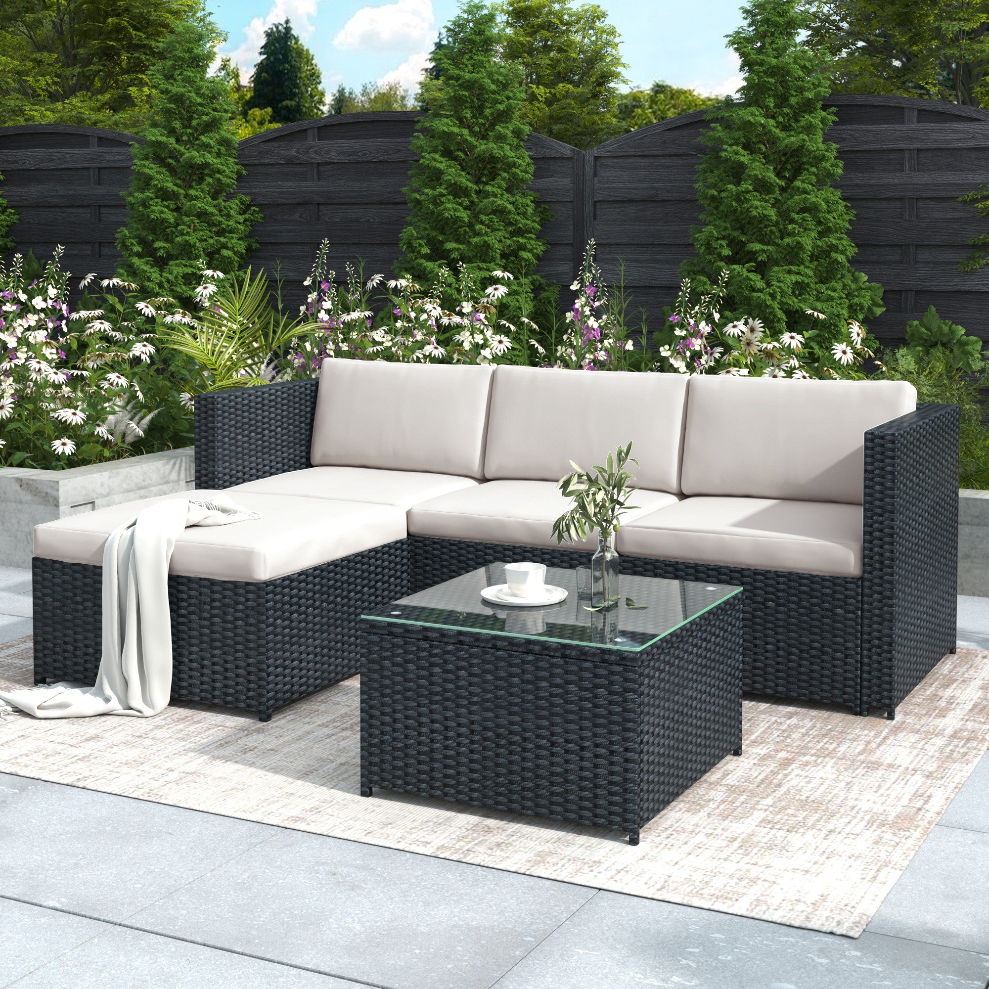 Sofá de esquina de jardín Muebles de jardín de ratán Conjunto de patio Conjunto de ocio de jardín Muebles de ratán de jardín Conjunto de salón, Negro
