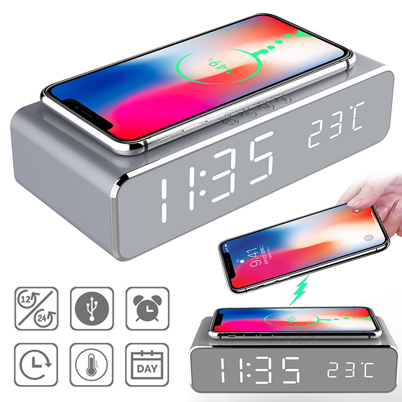 LED digital alarm clock with wireless charger, gray base, smartphone on top, time display