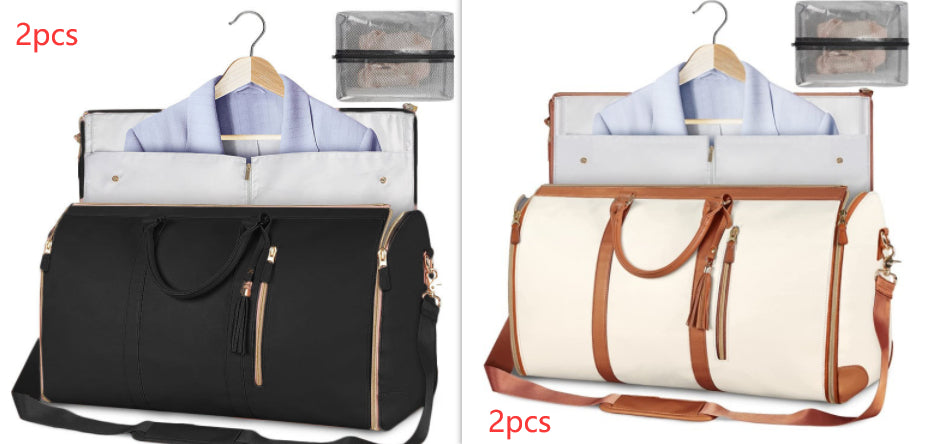 Waterproof travel duffle set, black and white bags with light-blue lining and mesh pouch