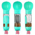 Green, yellow, and teal portable dog water bottle set with stainless chamber and bag dispenser