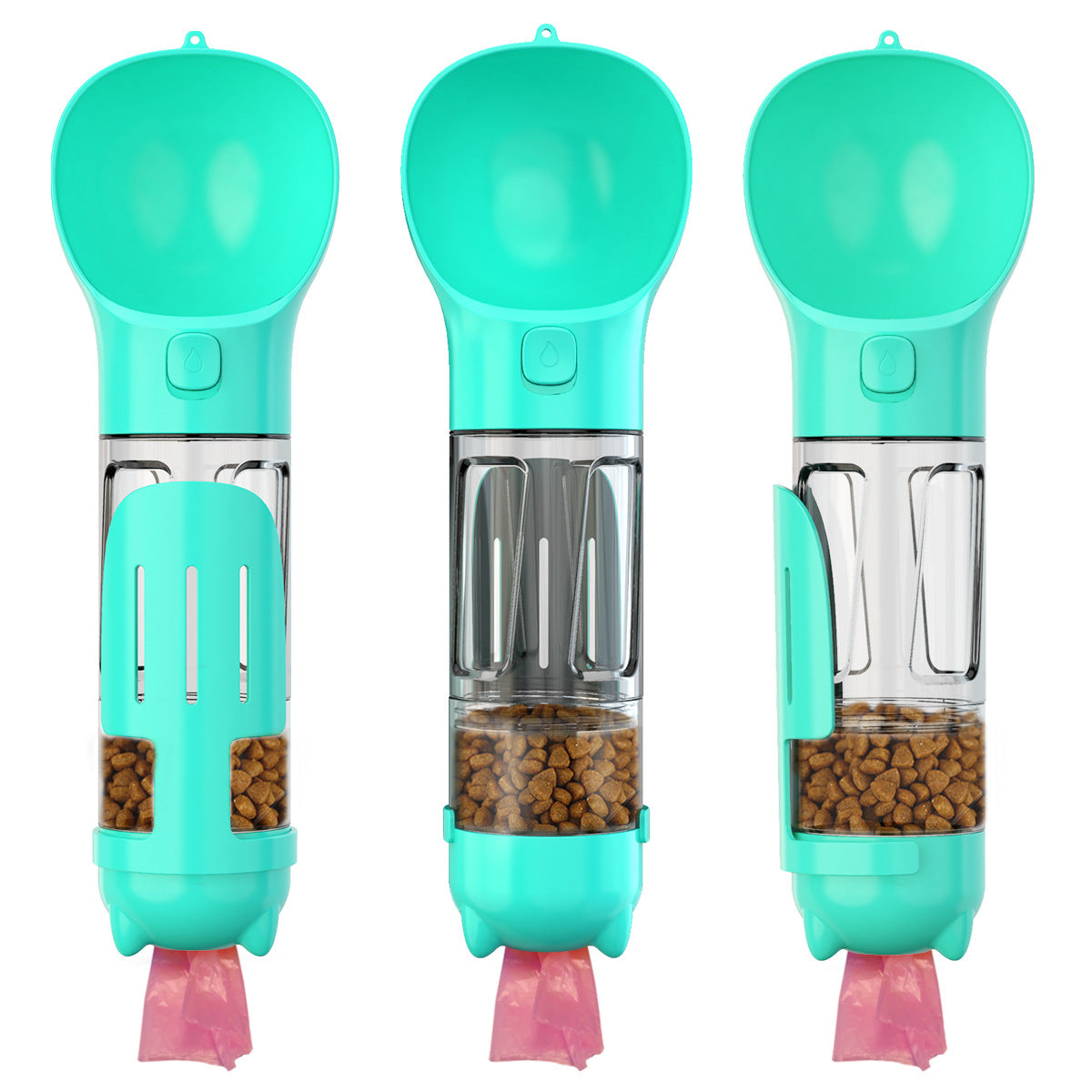 Green, yellow, and teal portable dog water bottle set with stainless chamber and bag dispenser