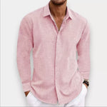 Light pink men’s long-sleeve button-front cardigan shirt with open collar and patch pockets