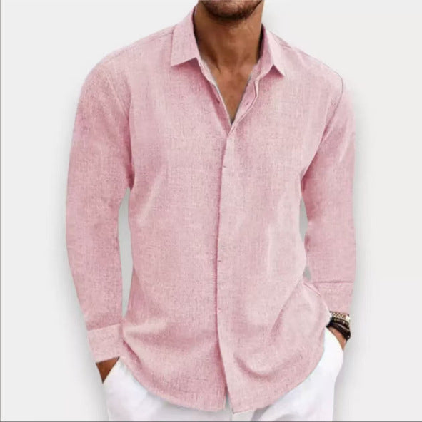 Light pink men’s long-sleeve button-front cardigan shirt with open collar and patch pockets