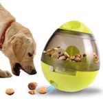 Green pet food dispenser ball toy with clear lid and feeder chute, shown with treats