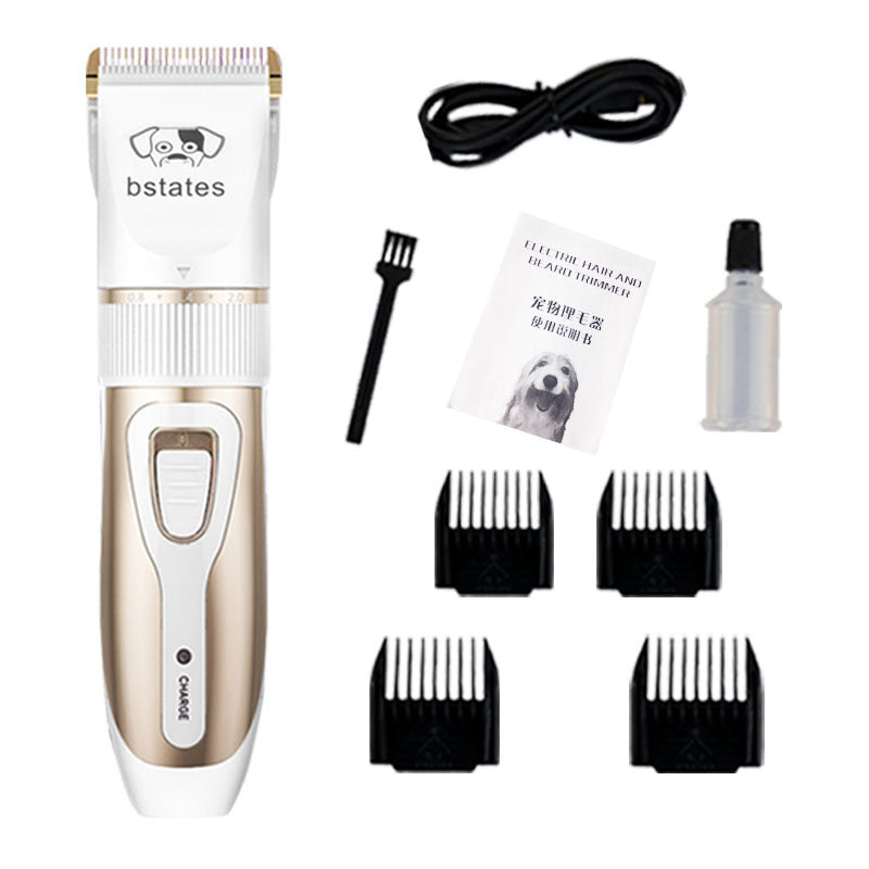Pet hair clipper kit in white and gold with charging cable, oil bottle, and comb guards