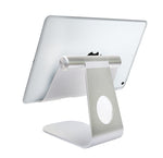 Adjustable aluminum phone and tablet stand with angled base, silver finish