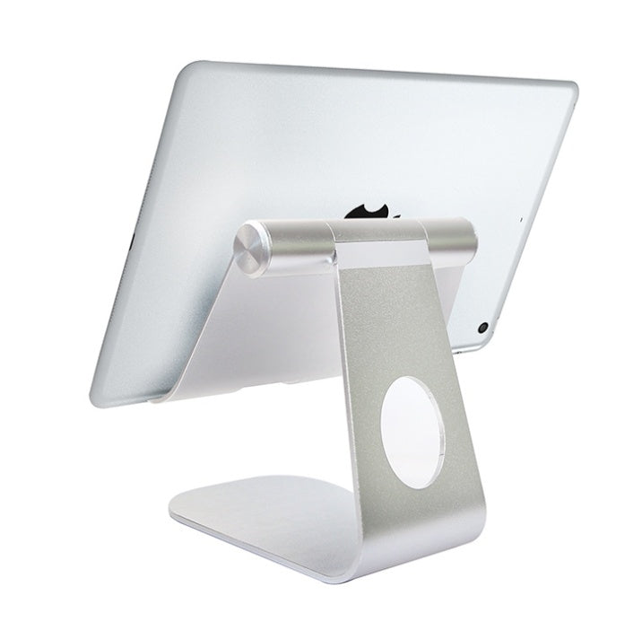 Adjustable aluminum phone and tablet stand with angled base, silver finish
