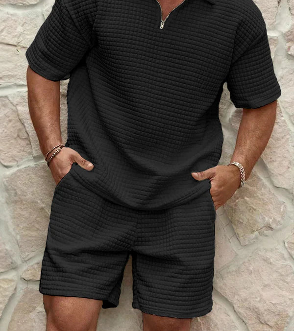 Men's zip short-sleeve shirt and shorts set, black quilted texture, relaxed fit