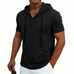 Men's short-sleeve hoodie Henley T-shirt with drawstring, black color