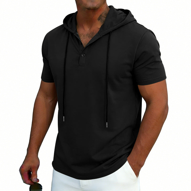 Men's short-sleeve hoodie Henley T-shirt with drawstring, black color