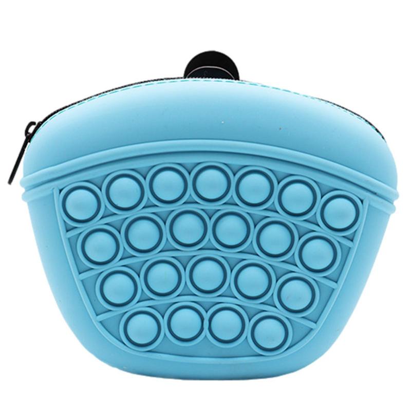 Blue silicone dog treat pouch with circular popper texture and black zipper top