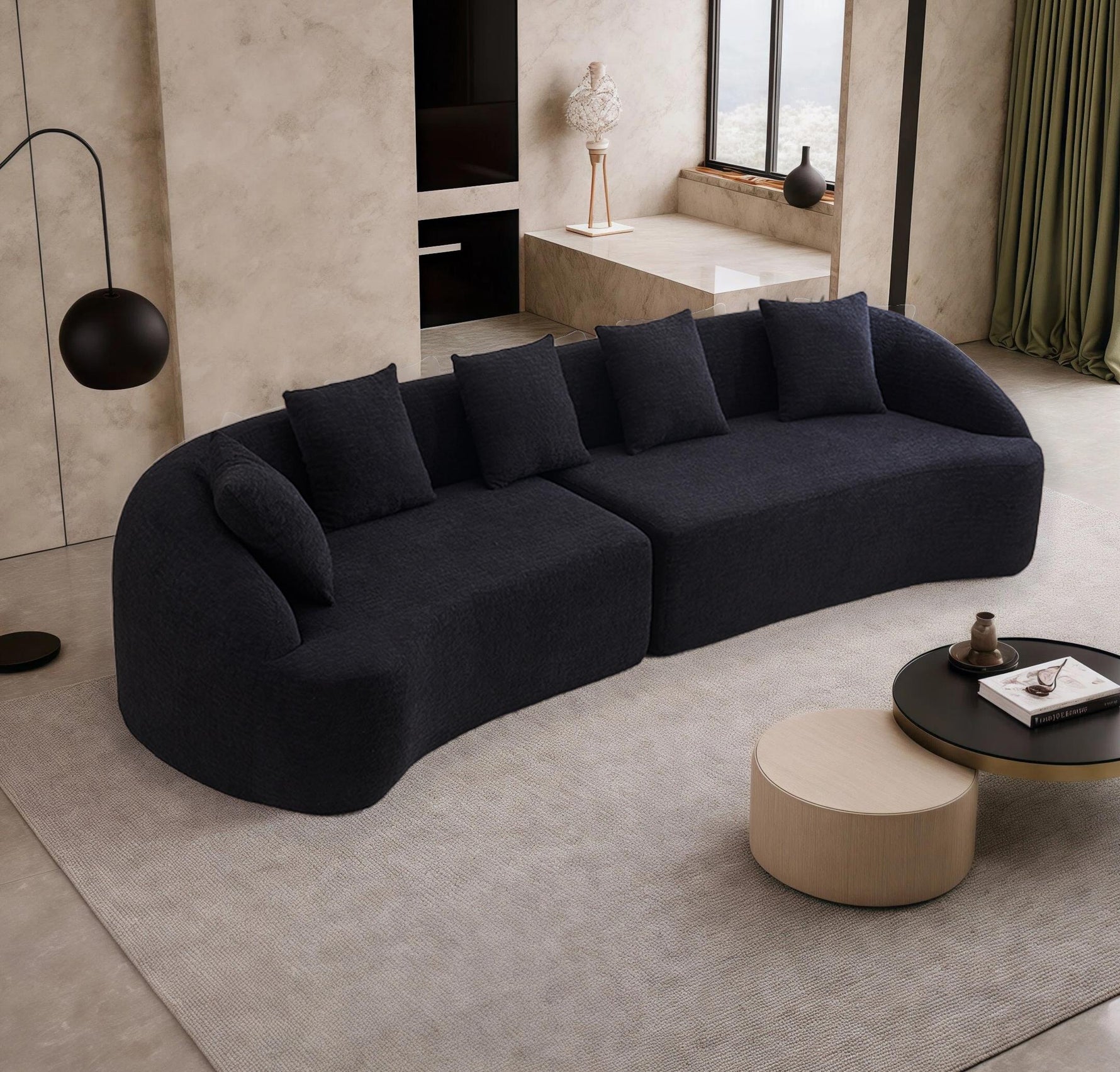 Compression Sponge Sofa Black Curved Modular Sectional  30D High-Density Chenille Sleeper Couch For Apartment Living Room 110L