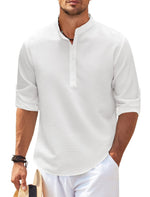 Men's stand-collar textured shirt, white with button placket and long sleeves
