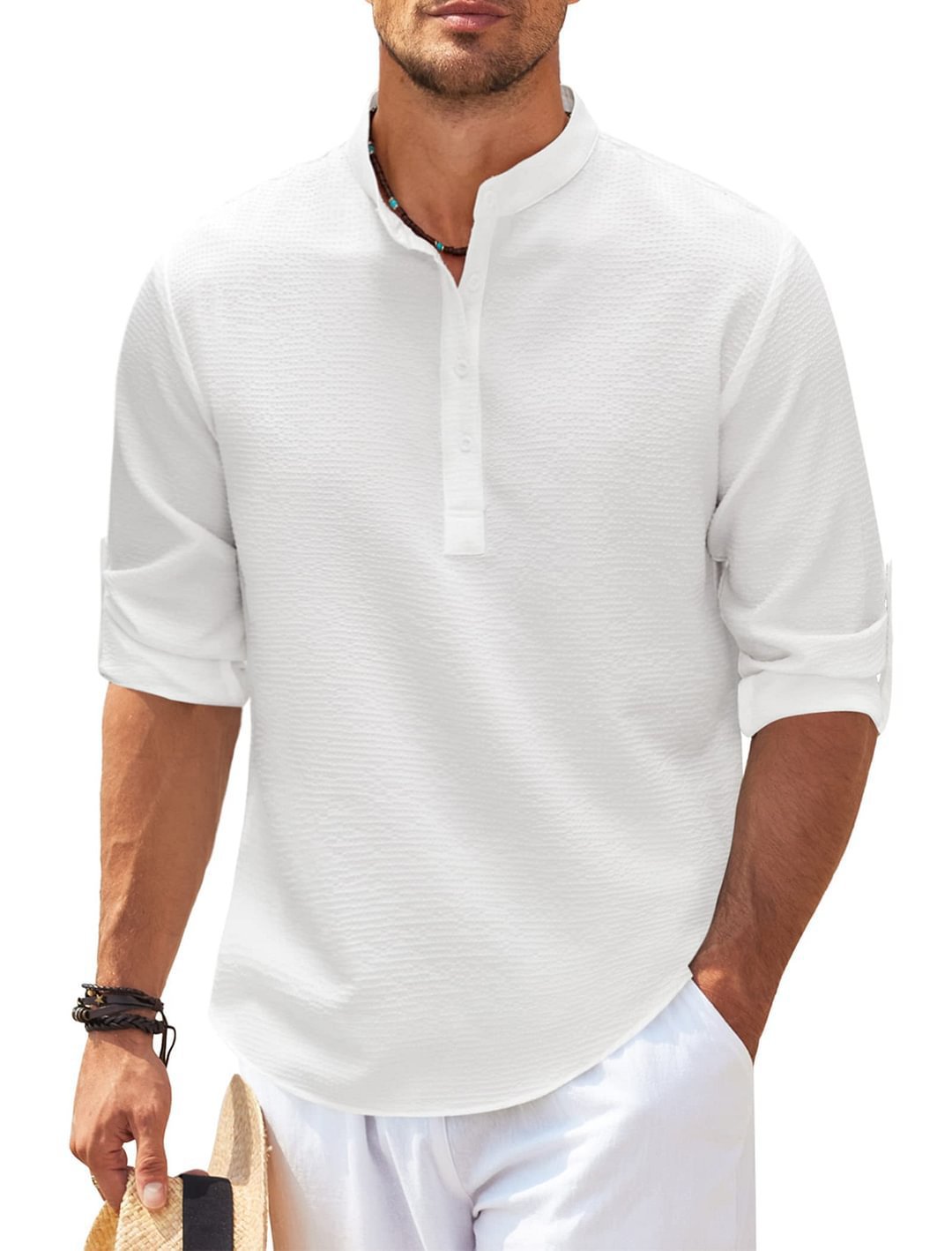 Men's stand-collar textured shirt, white with button placket and long sleeves