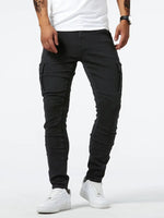 Black denim cargo pants, slim straight fit with side cargo flap pockets