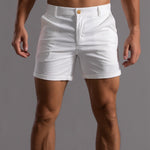 Men's white cotton shorts with button front and side pockets