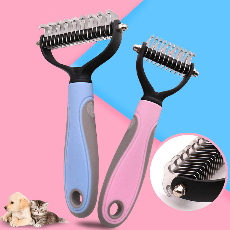 Double-sided pet brush set with blue and pink handles and stainless steel grooming pins