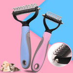 Double-sided pet brush set with blue and pink handles and stainless steel grooming pins