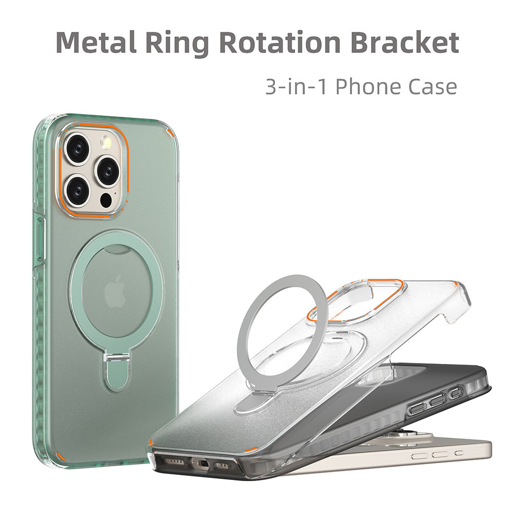 Green transparent phone case with magnetic ring rotation bracket and camera cutouts