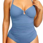 Women's ruched one-piece swimsuit with double straps, light blue solid color
