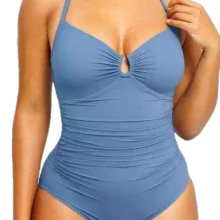 Women's ruched one-piece swimsuit with double straps, light blue solid color