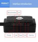 Black GPS tracker interface diagram showing SIM, GPS, charging, Reset, SOS, power key