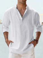 White cotton-linen pullover shirt with stand collar, long sleeves, button placket
