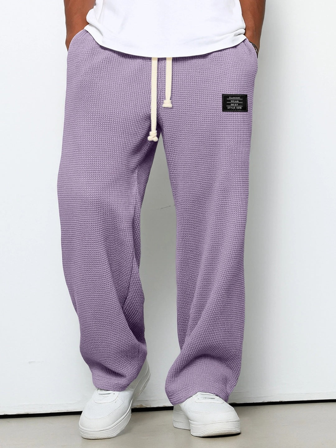 Men's waffle drawstring trousers, loose straight fit, purple