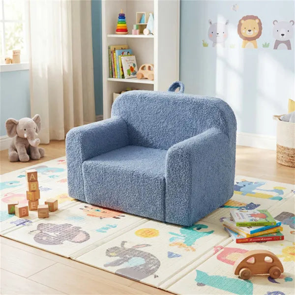 Sofá Infantil Sin Montaje, Sofá de Espuma de Borreguito Suave con Asa de Transporte y Funda Lavable Extraíble (Azul)