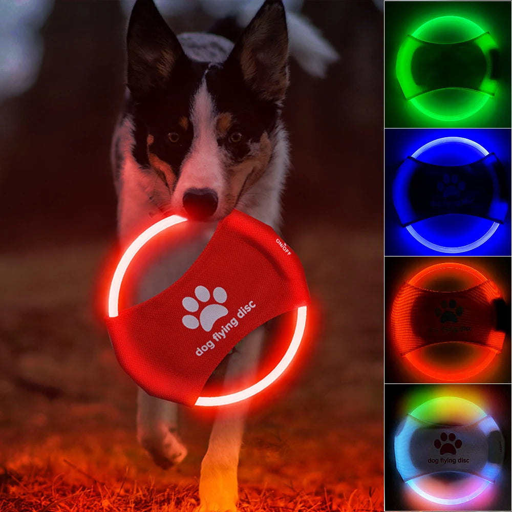 LED dog flying disc, red fabric with paw print, glowing ring light