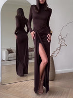 Dark brown long-sleeve maxi dress with ruched waist and long side slit
