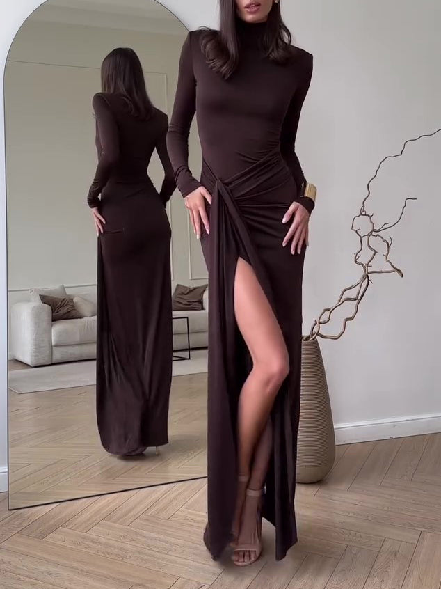 Dark brown long-sleeve maxi dress with ruched waist and long side slit