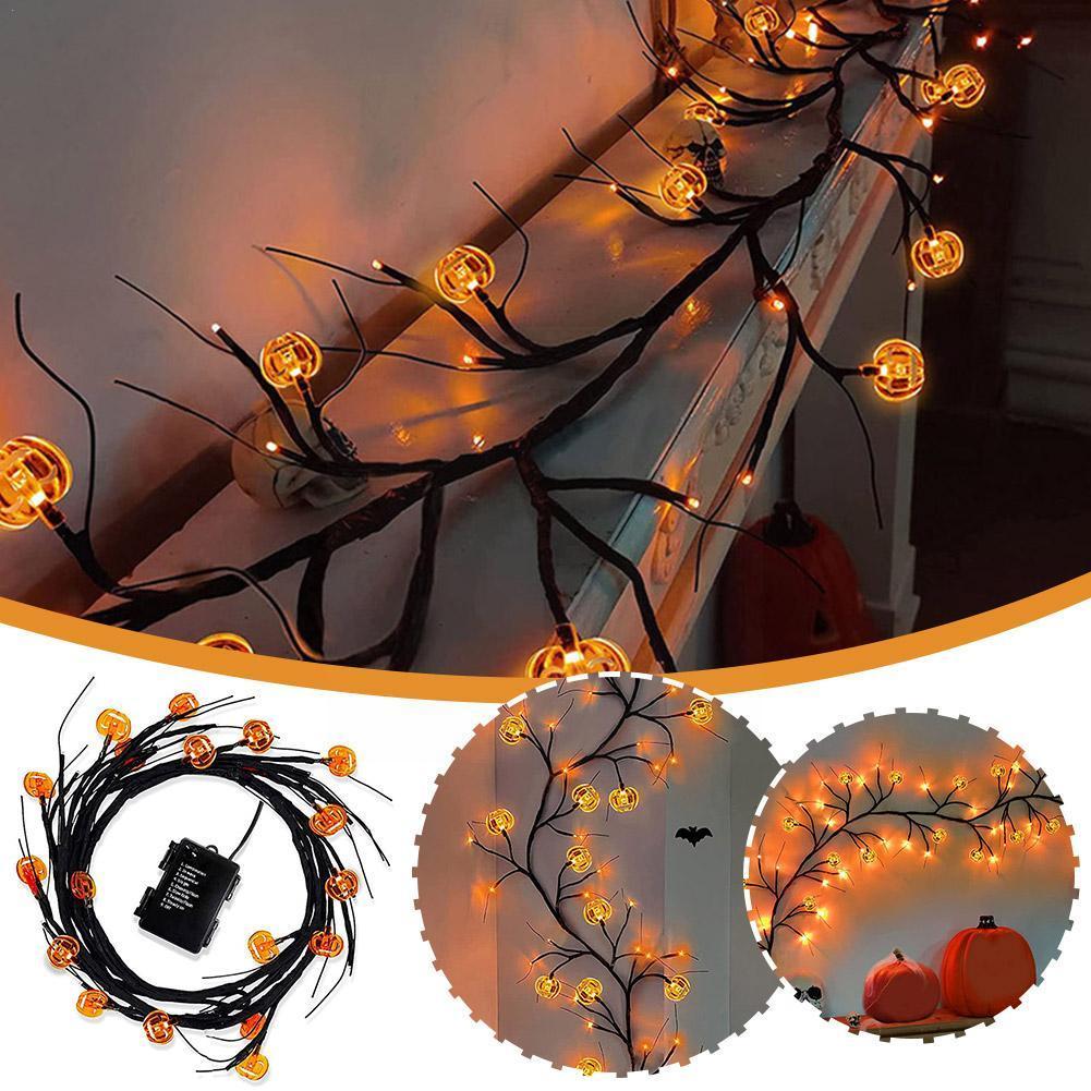 Guirnalda de luces LED de sauce de Halloween con motivos de murciélago y calabaza para decoración interior y exterior de fiestas y casas
