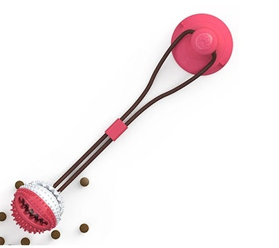Red suction cup tug toy with black cords and red textured chew ball